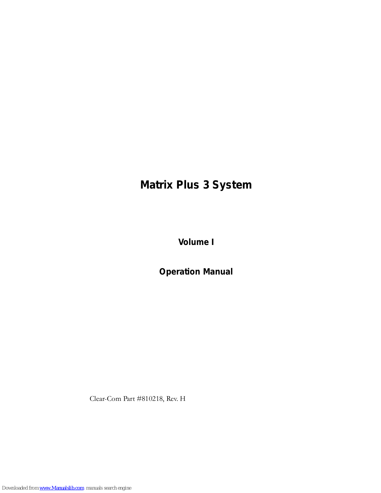 Clear-Com Matrix Plus 3 Operation Manual