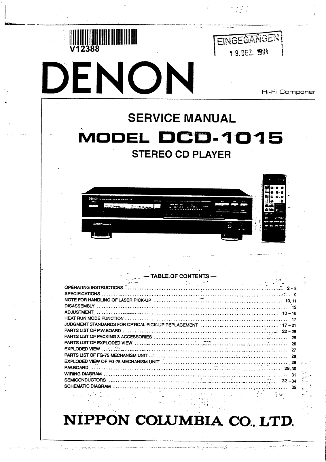 Denon DCD-1015 Service Manual