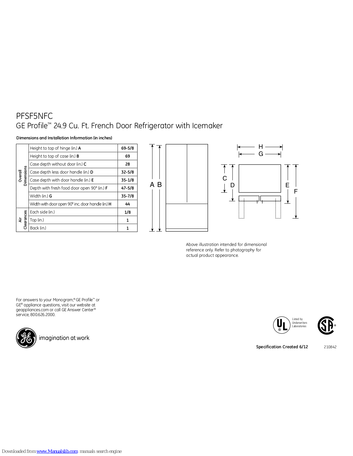 GE Profile PFSF5NFC Profile PFSF5NFCWW, Profile PFSF5NFCBB, Profile PFSF5NFCCC Dimensions And Installation Information