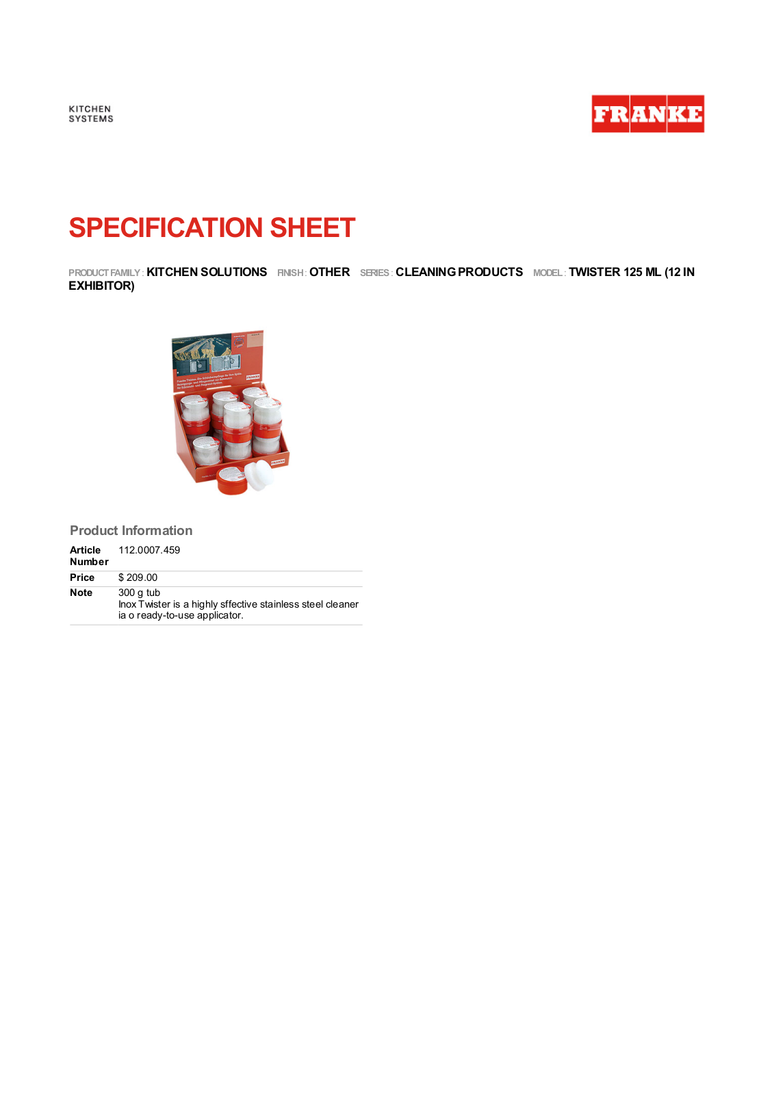 Franke Foodservice TWISTER 125 ML User Manual