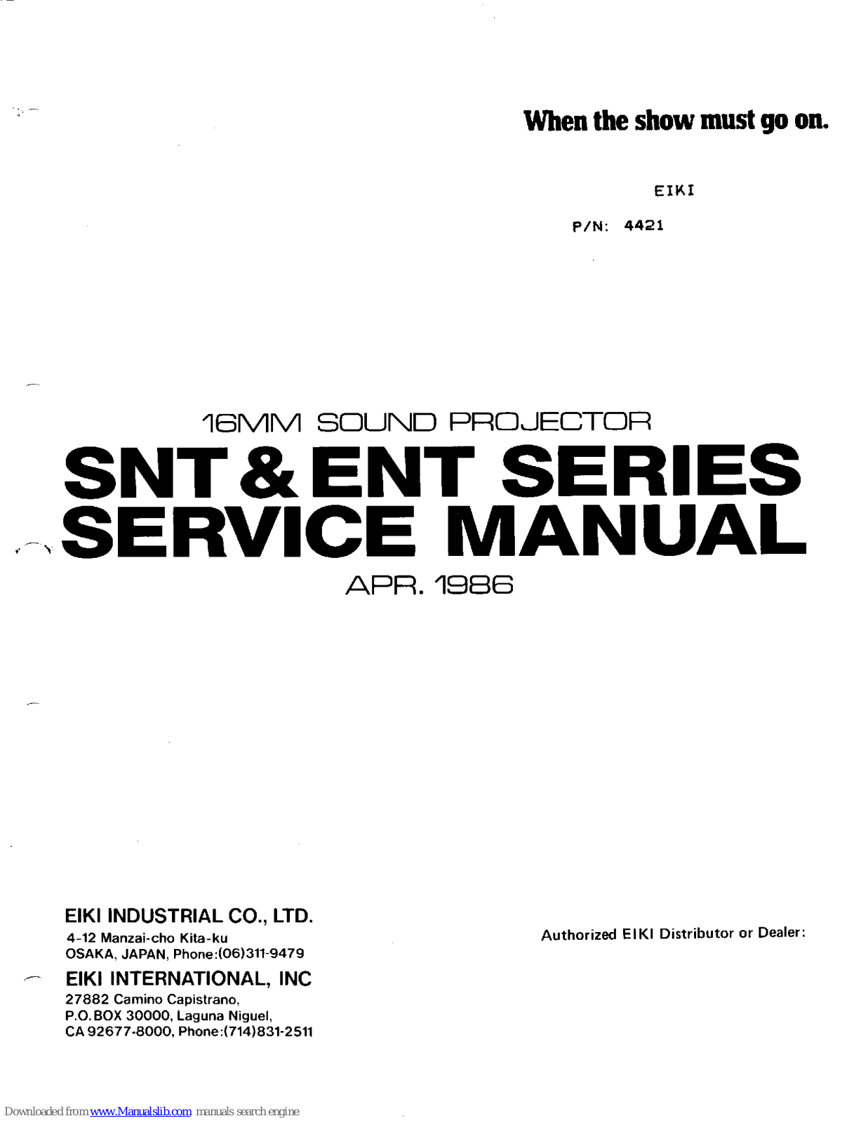 Eiki ENT 0, ENT 1, ENT 2, SNT 0, SNT 1 Service Manual