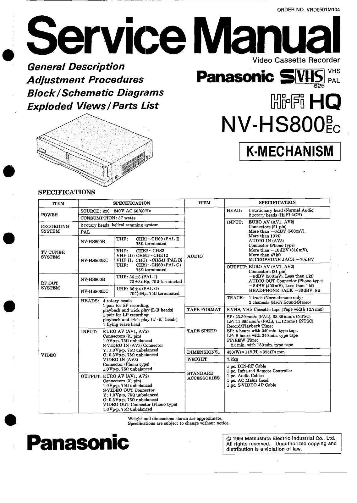 PANASONIC NV-HS800 Service Manual