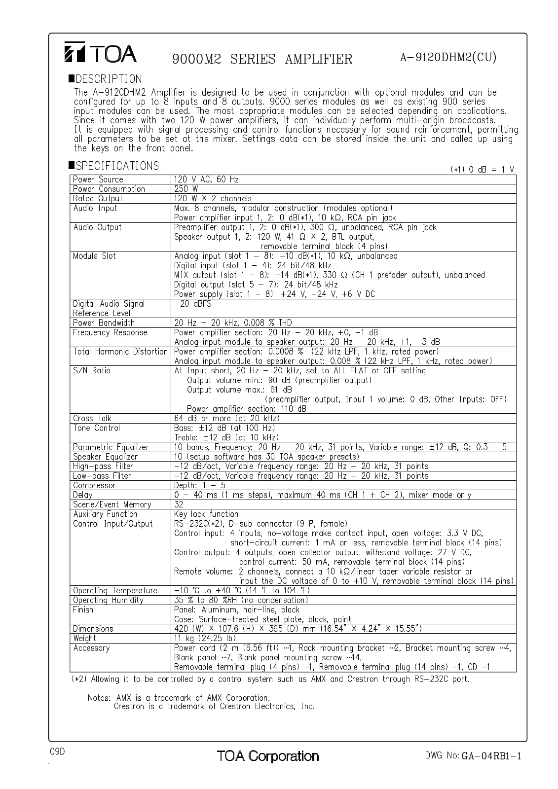 TOA A-9120DHM2CU User Manual