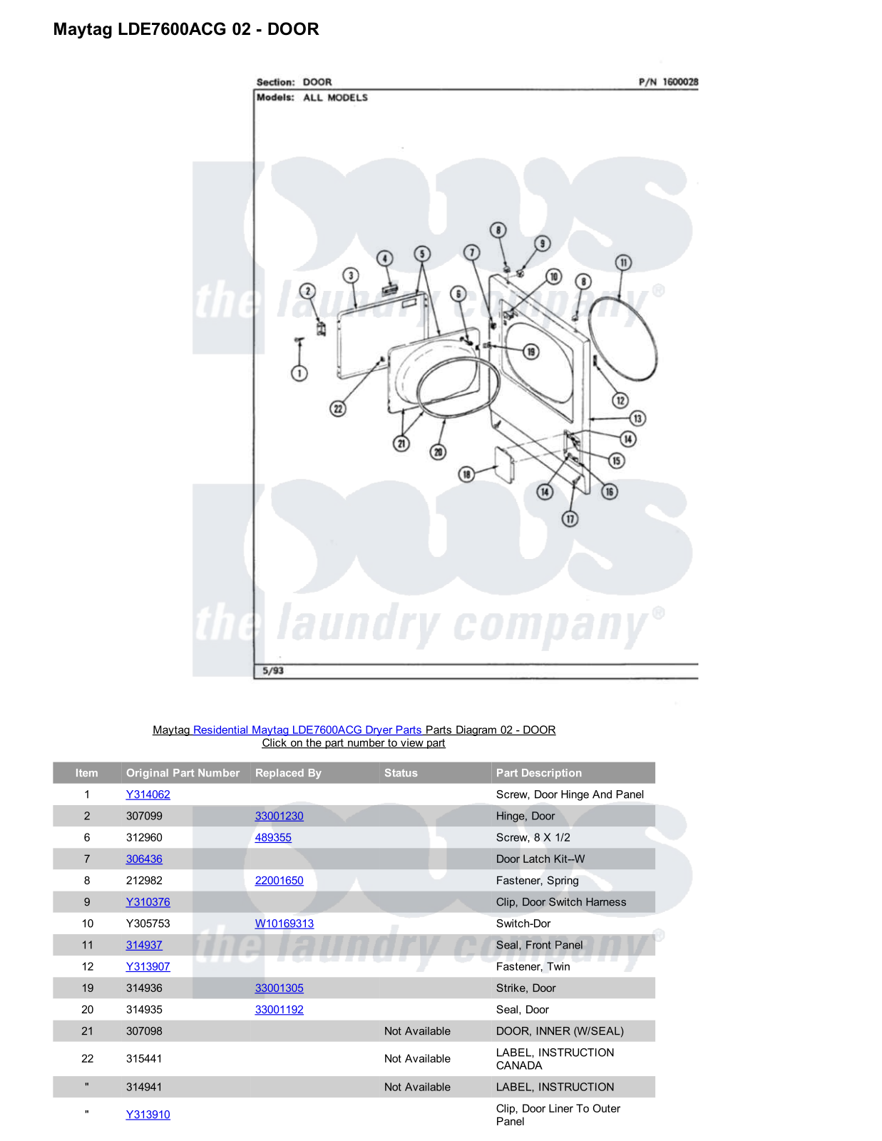 Maytag LDE7600ACG Parts Diagram