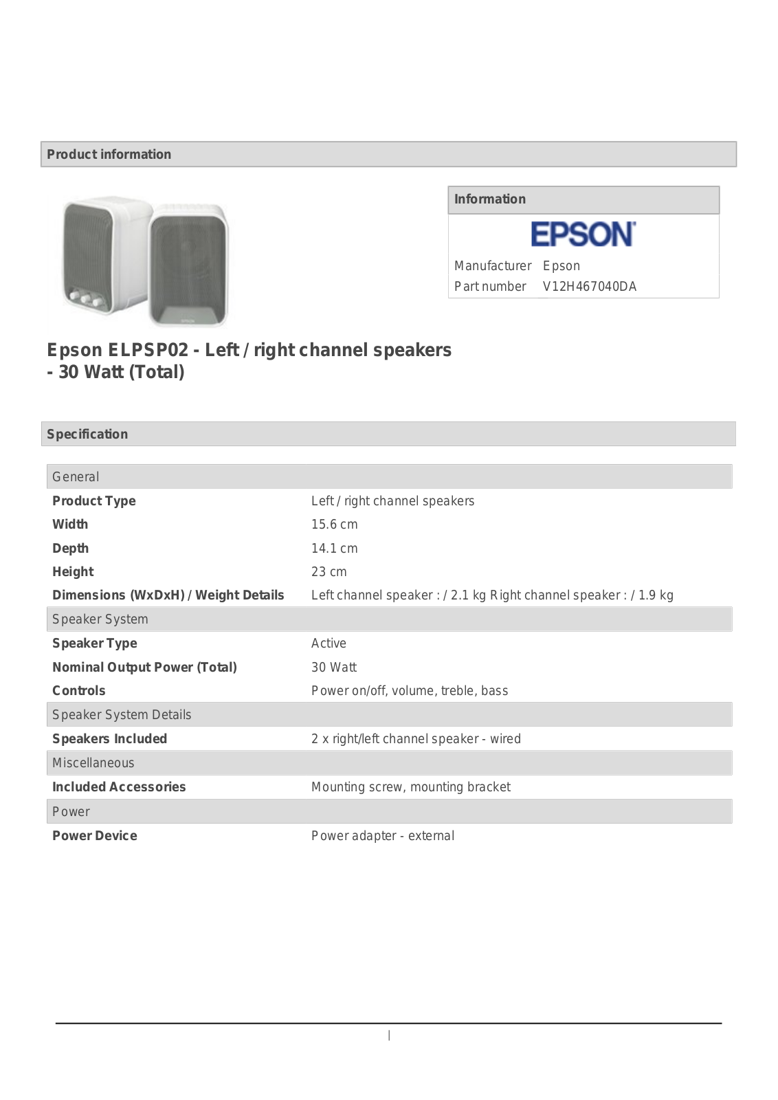 Epson V12H467040DA Datasheet