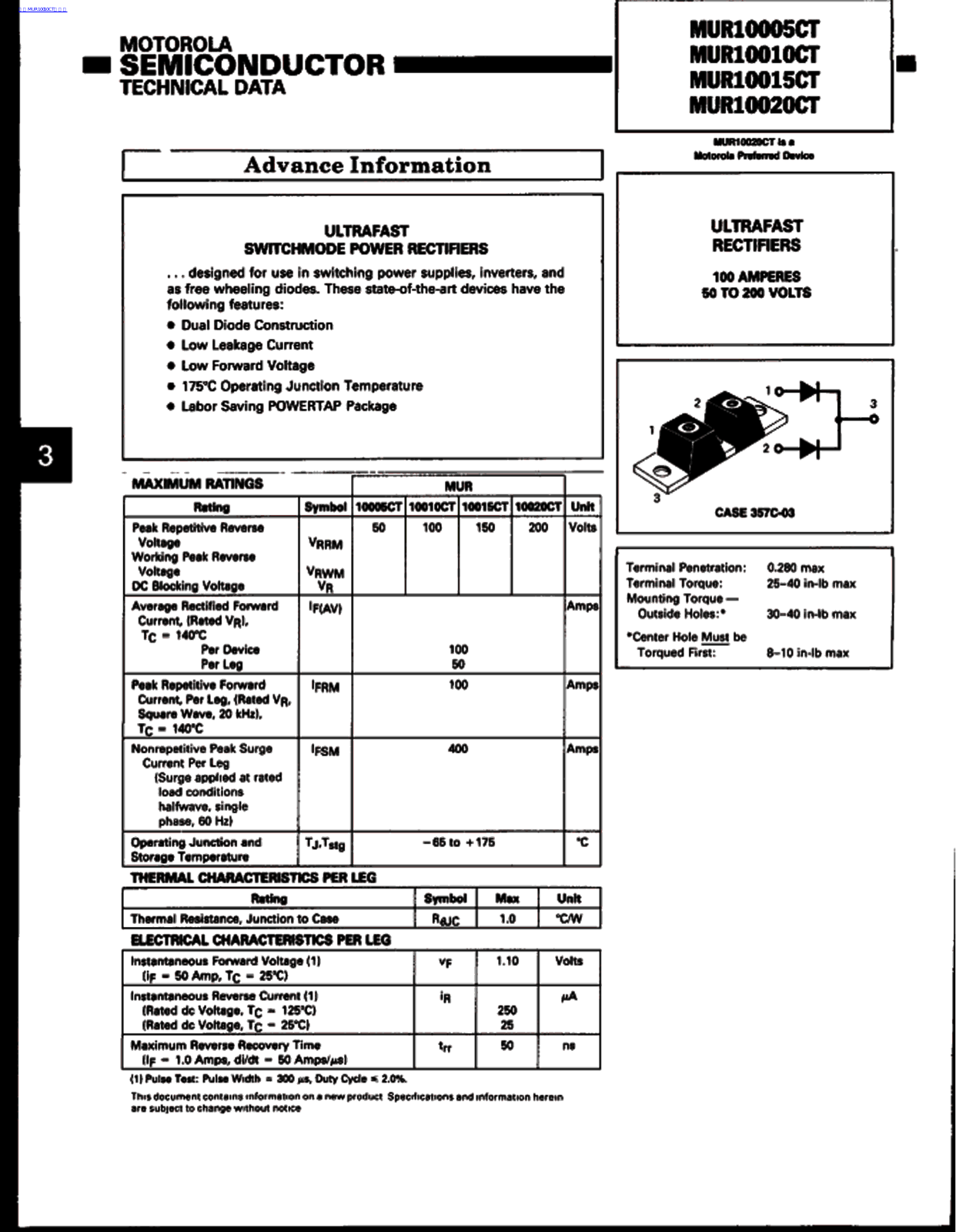 MOTOROLA MUR10005CT, MUR10010CT, MUR10015CT, MUR10020CT Technical data