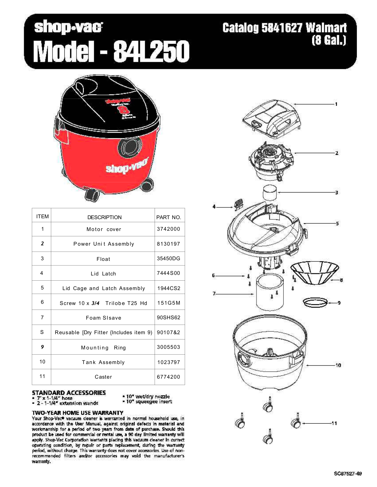 Shop Vac 84l250 Owner's Manual