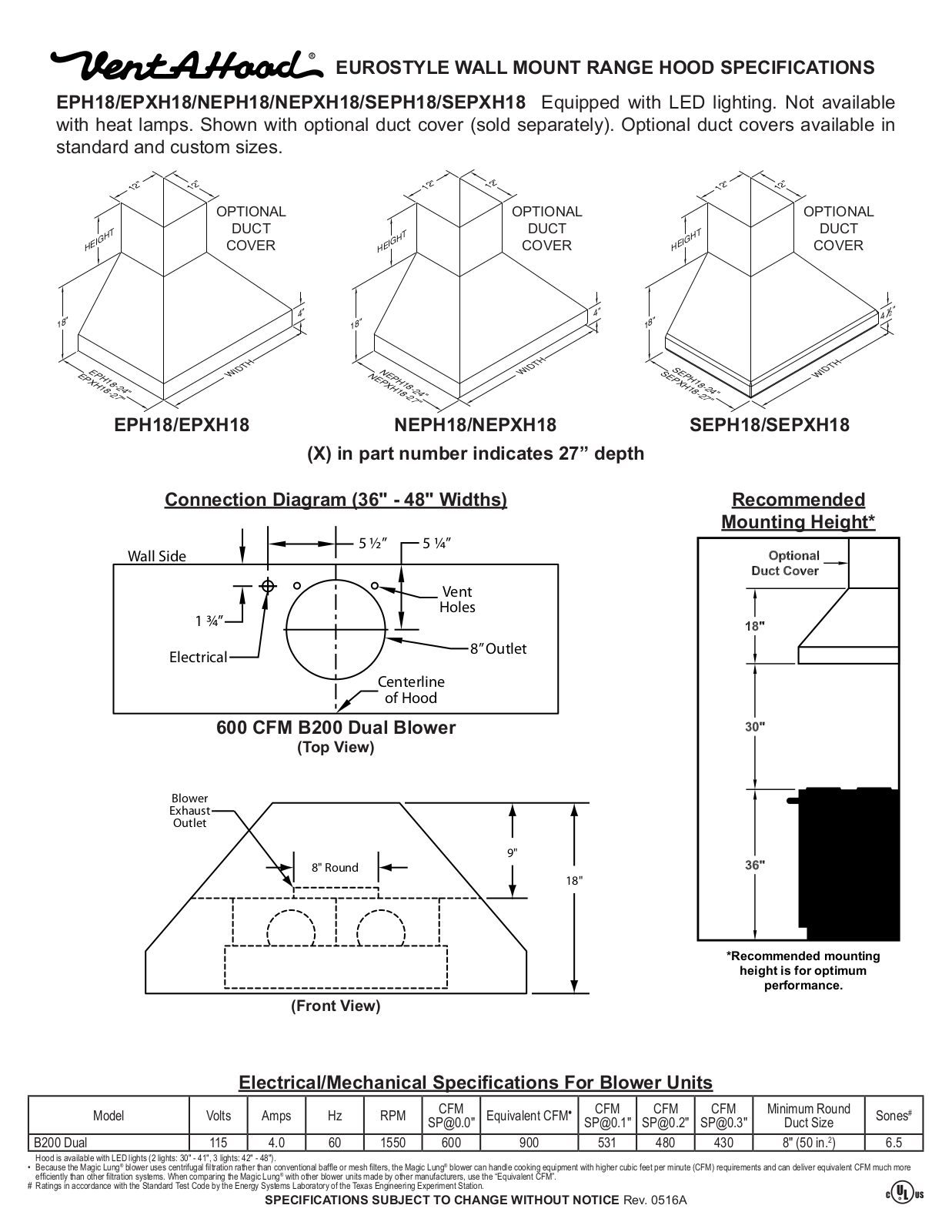 Vent-A-Hood EPH18, EPXH18, NEPH18, NEPXH18, SEPH18 SPECIFICATIONS