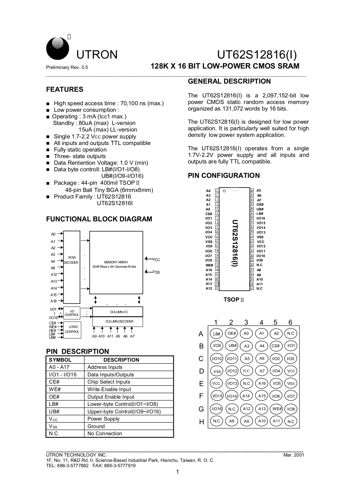 UTRON UT62S12816BS-70LLI, UT62S12816BS-70LI, UT62S12816BS-70LL, UT62S12816BS-70L, UT62S12816BS-100LLI Datasheet