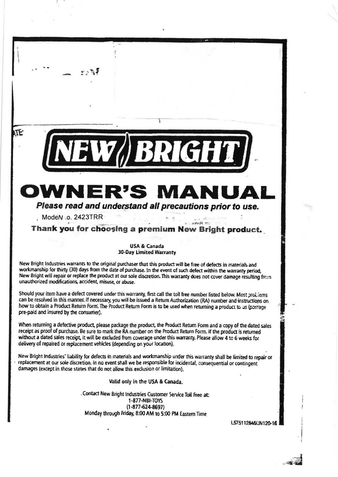 New Bright Co 2423TRR User Manual