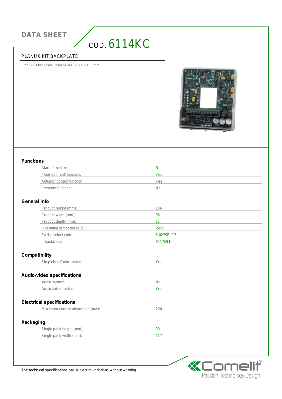 Comelit 6114KC Specsheet