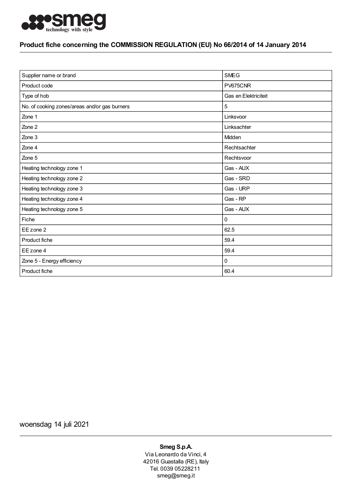 Smeg PV675CNR Product Information Sheet