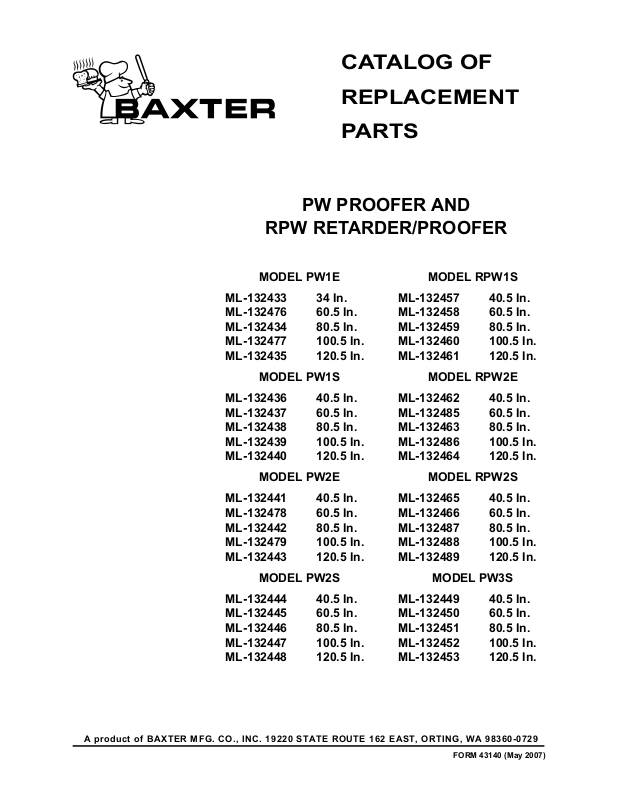 Baxter PW1S Parts List