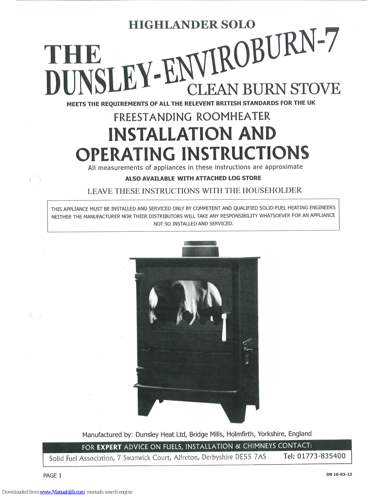 Dunsley Heat highlander 7 solo Installation And Operating Instructions Manual