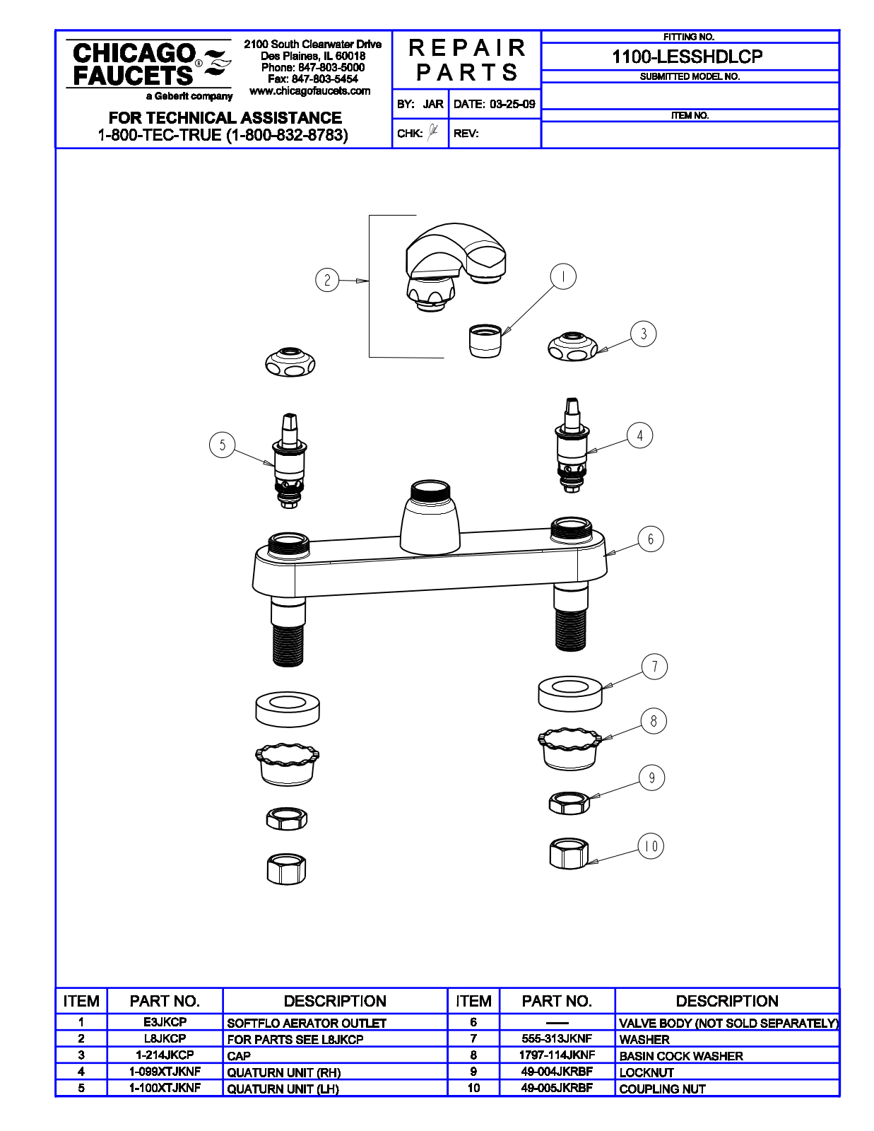 Chicago Faucet 1100-LESSHDLCP Parts List