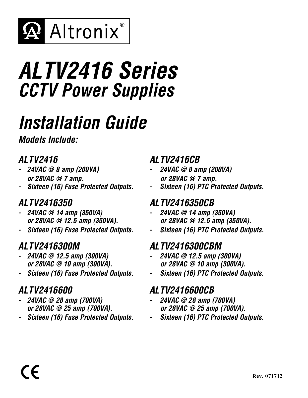 Altronix ALTV2416CB Installation Instructions