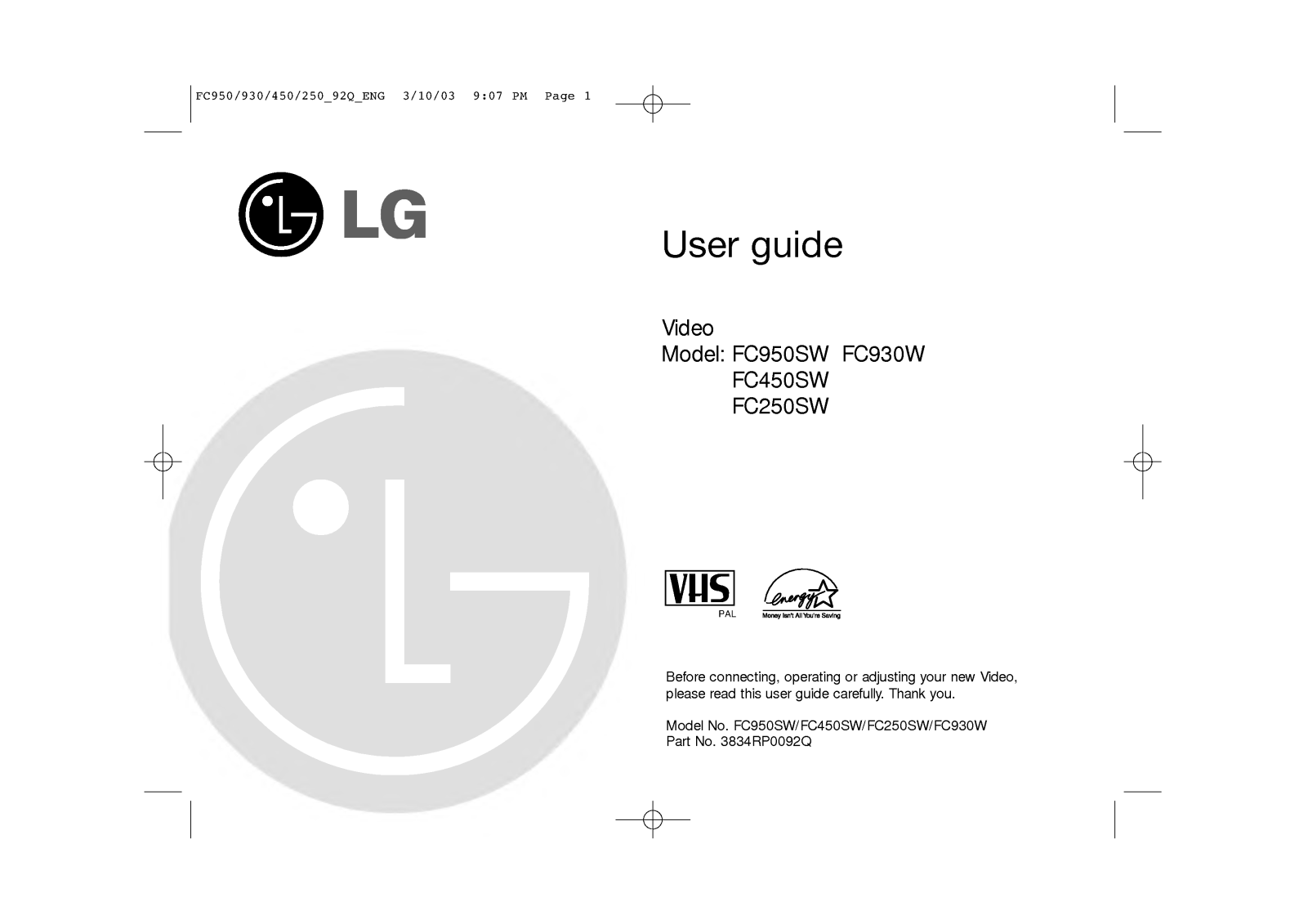 LG FC950SW, FC930W, FC250SW Manual