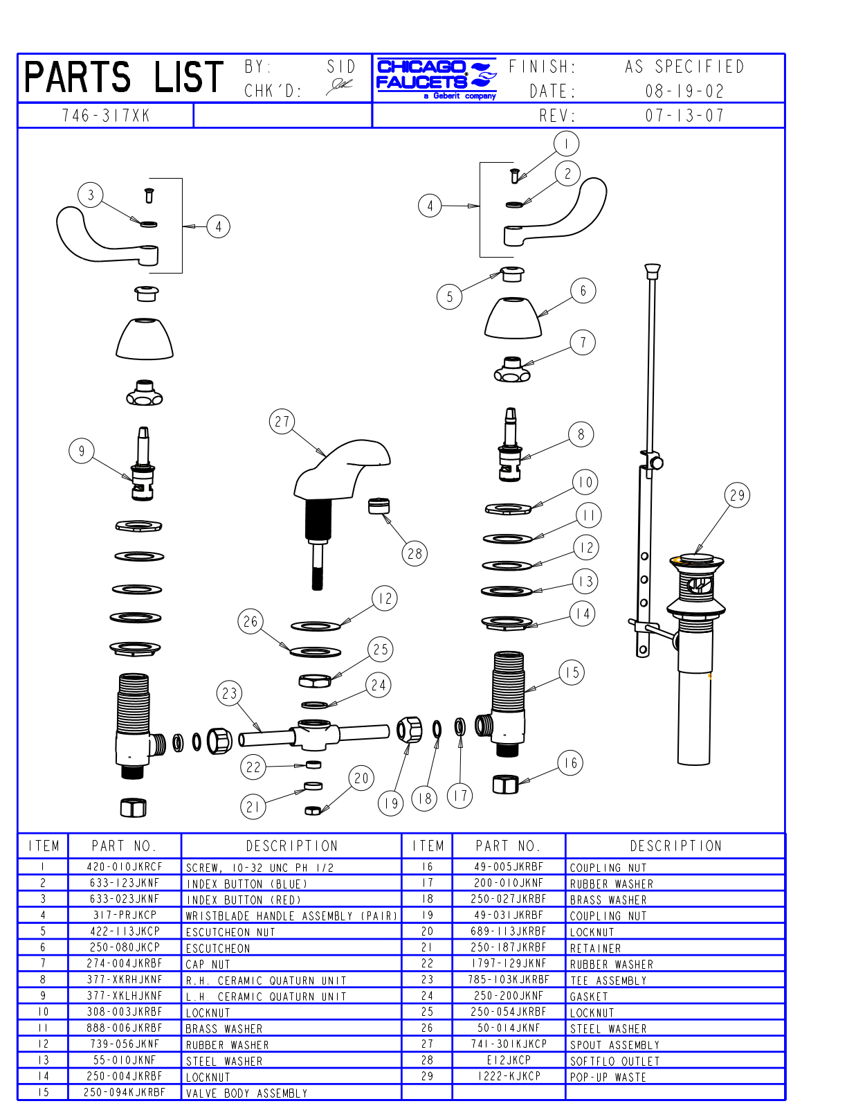 Chicago Faucet 746-317XKCP Parts List