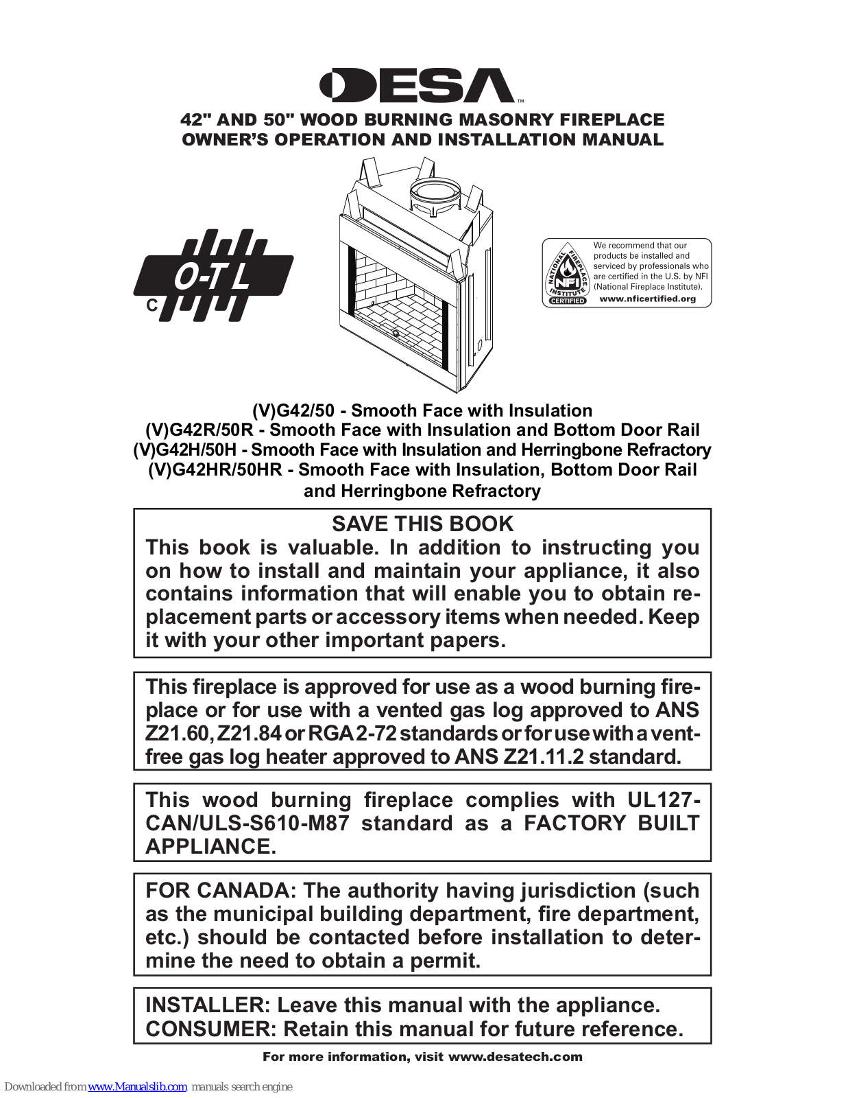 Desa G42, G50, VG42, VG50, G42R Owners Manual And Installation Manual