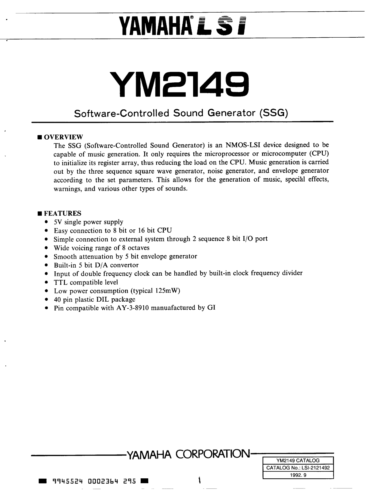 Yamaha YM2149 Datasheet