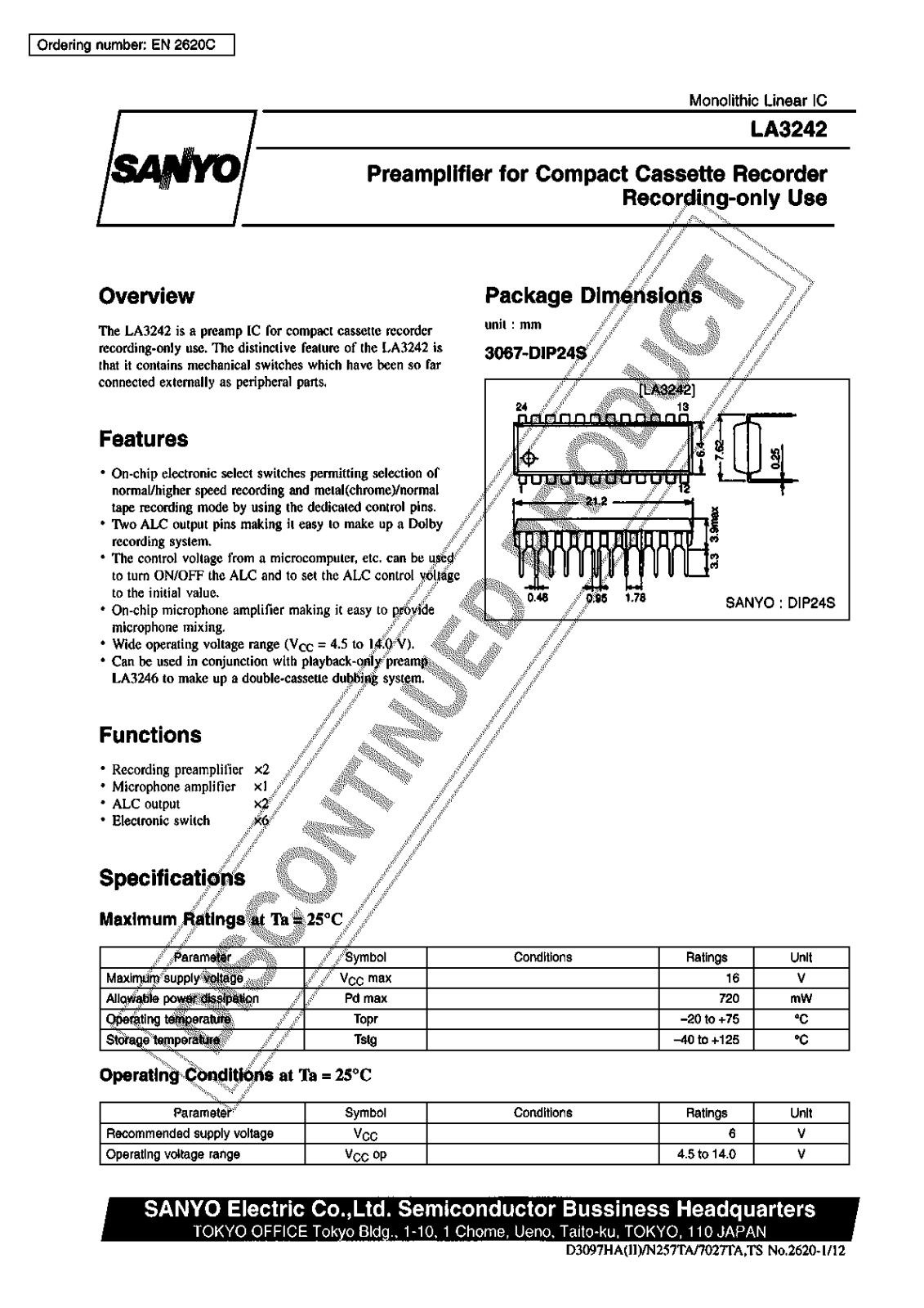 Sanyo LA3242 Specifications