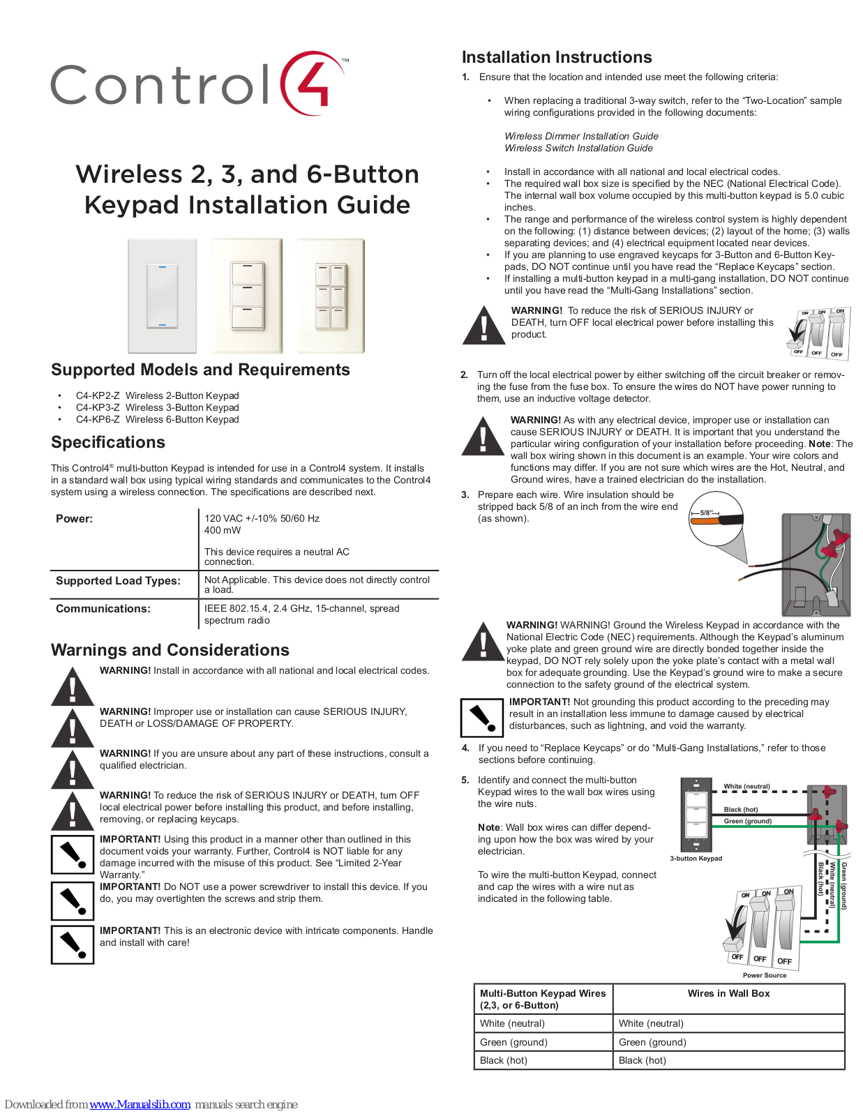 Control 4 C4-KP2-Z, C4-KP3-Z, C4-KP6-Z Installation Manual