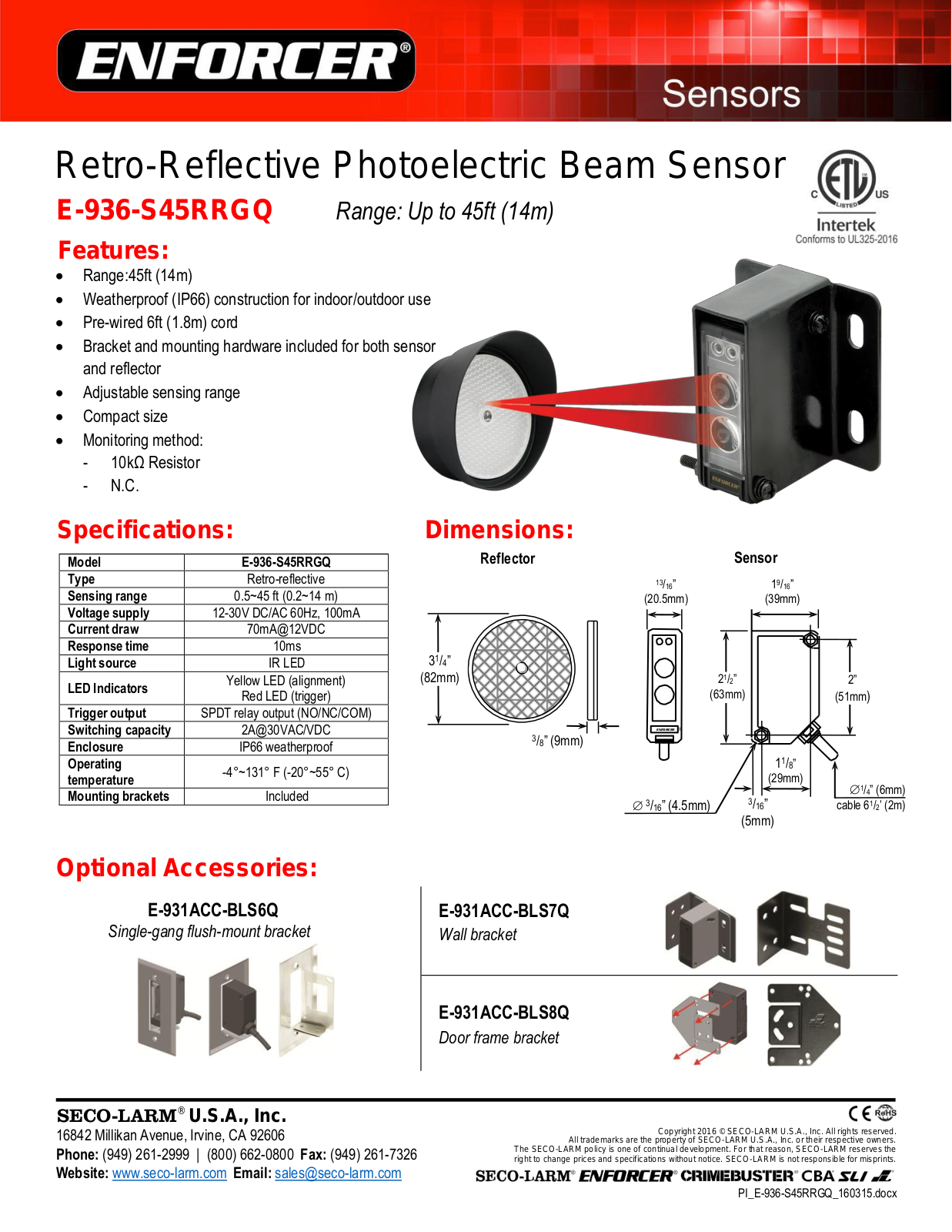 Seco-Larm E-936-S45RRGQ Specsheet