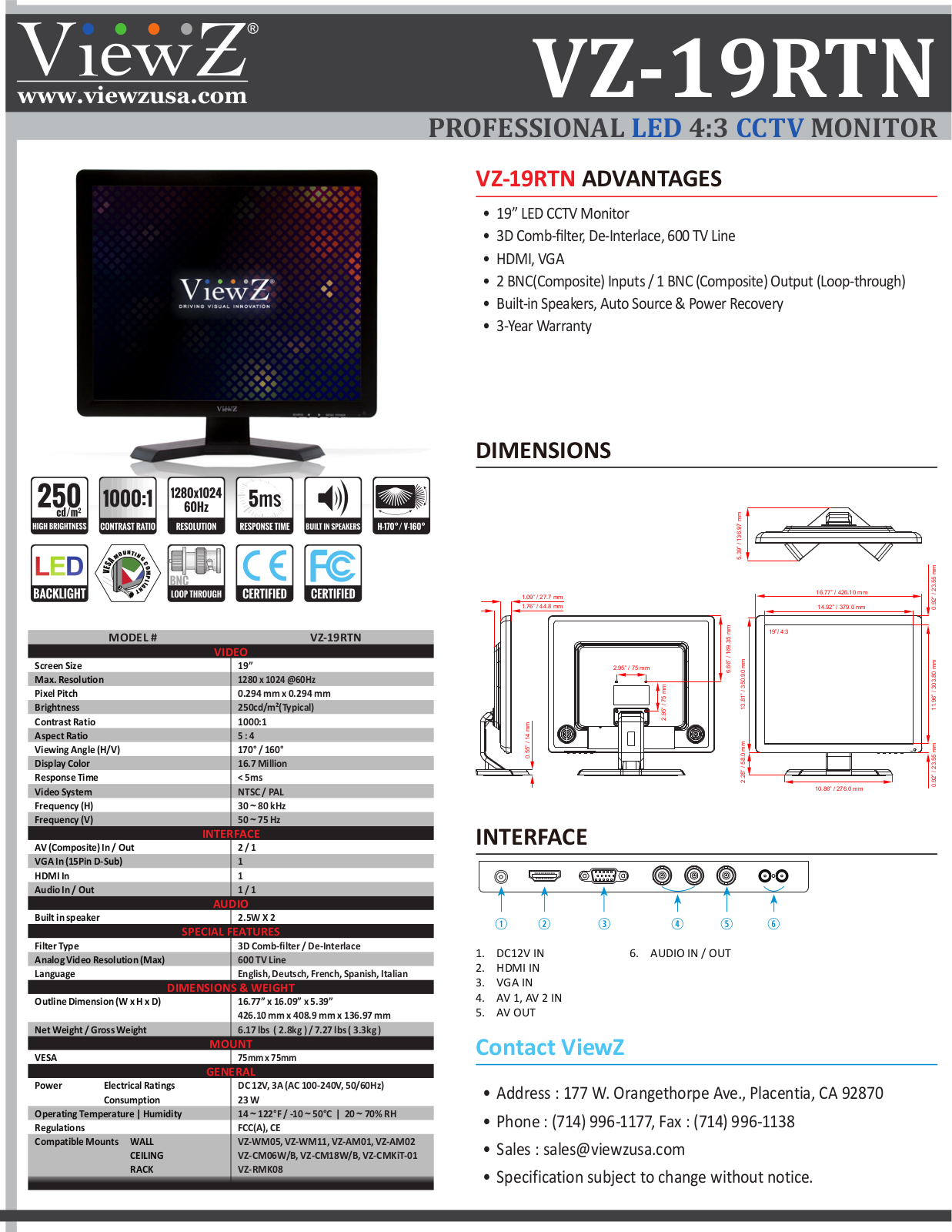 ViewZ VZ-19RTN Specsheet