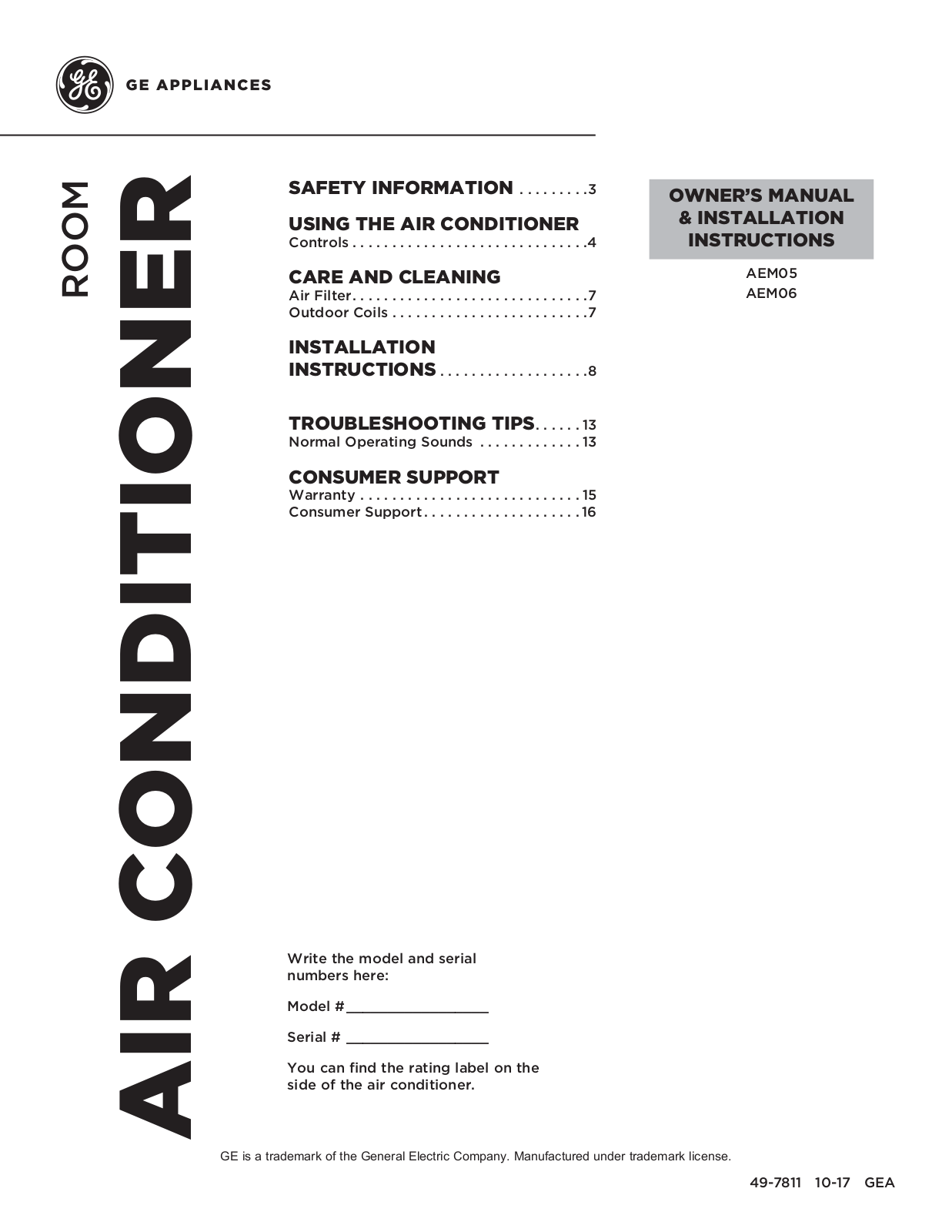 GE AEM05, AEM06 Owner’s Manual & Installation Instructions