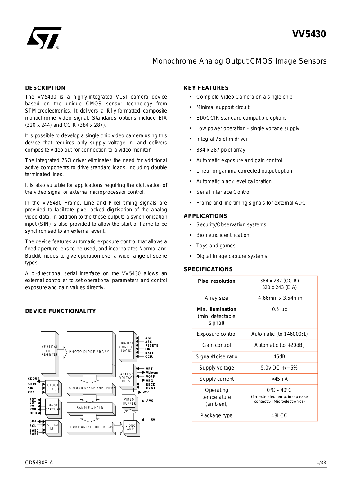 VLSI Vision Ltd EVK-5430-002, EVK-5430-001 Datasheet