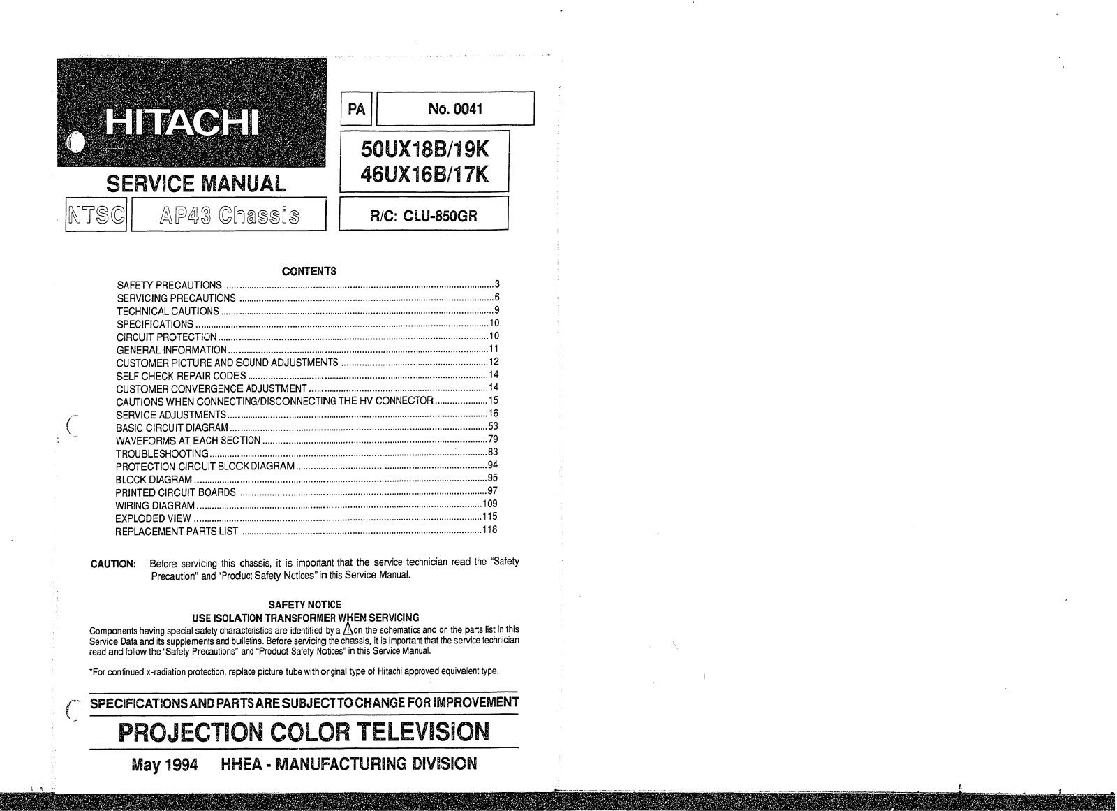 Hitachi 50UX18B/19K, 46UX16B/17K Schematic