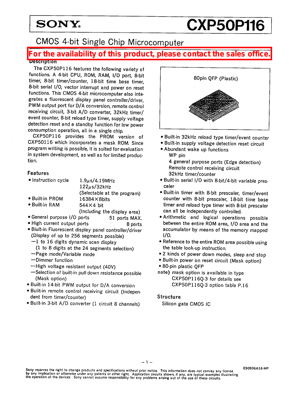 Sony CXP50P116 Datasheet