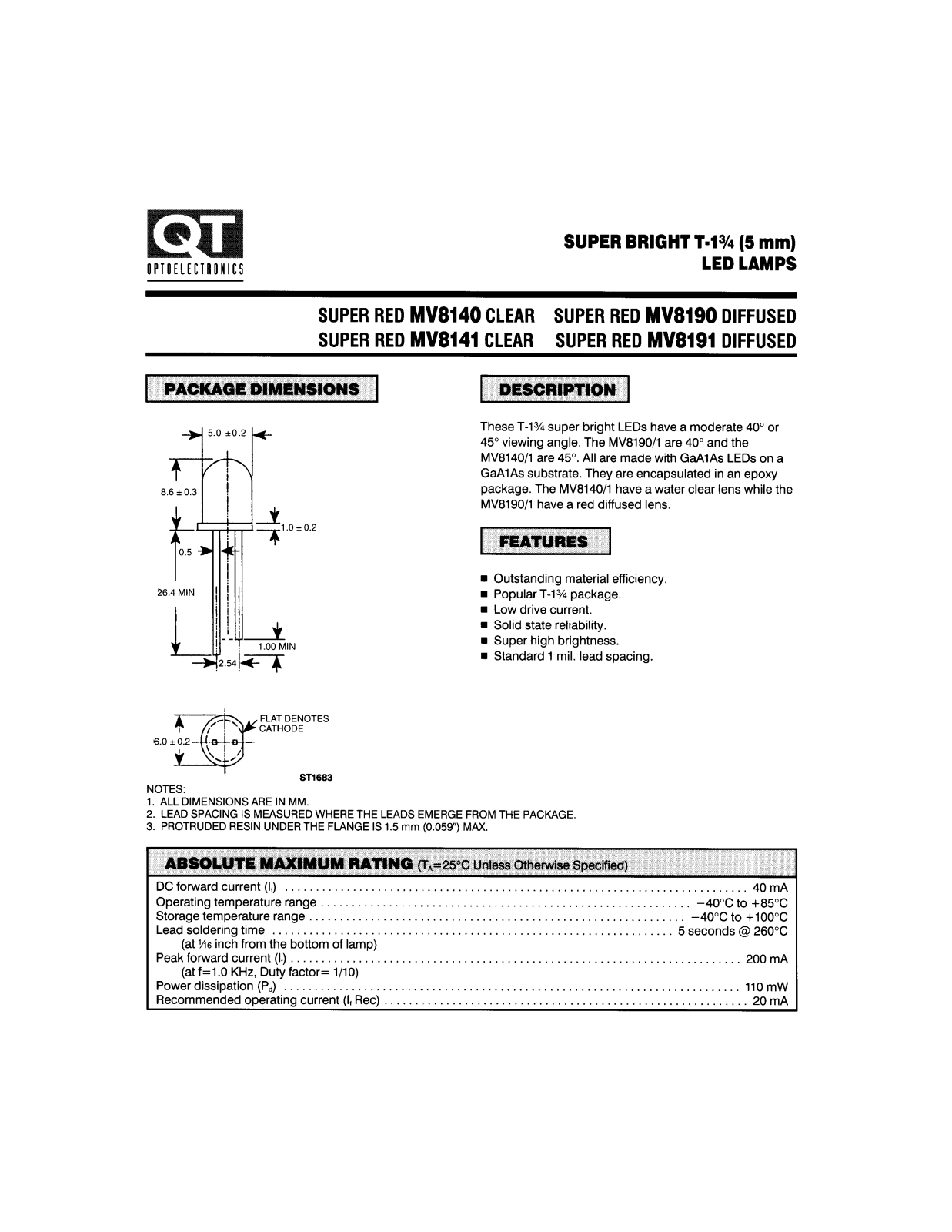 QT MV8141, MV8140, MV8191, MV8190 Datasheet