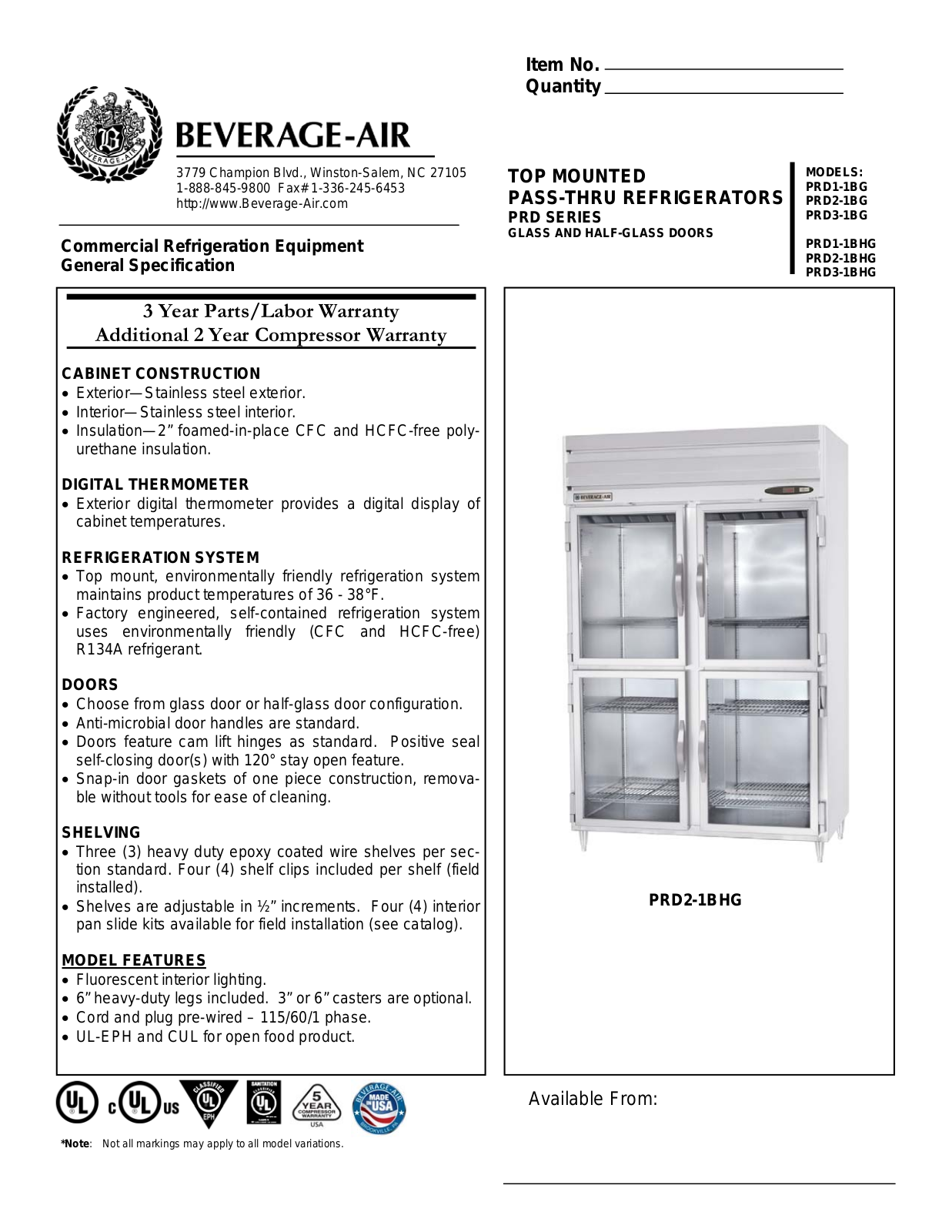 Beverage Air PRD1-1BG User Manual