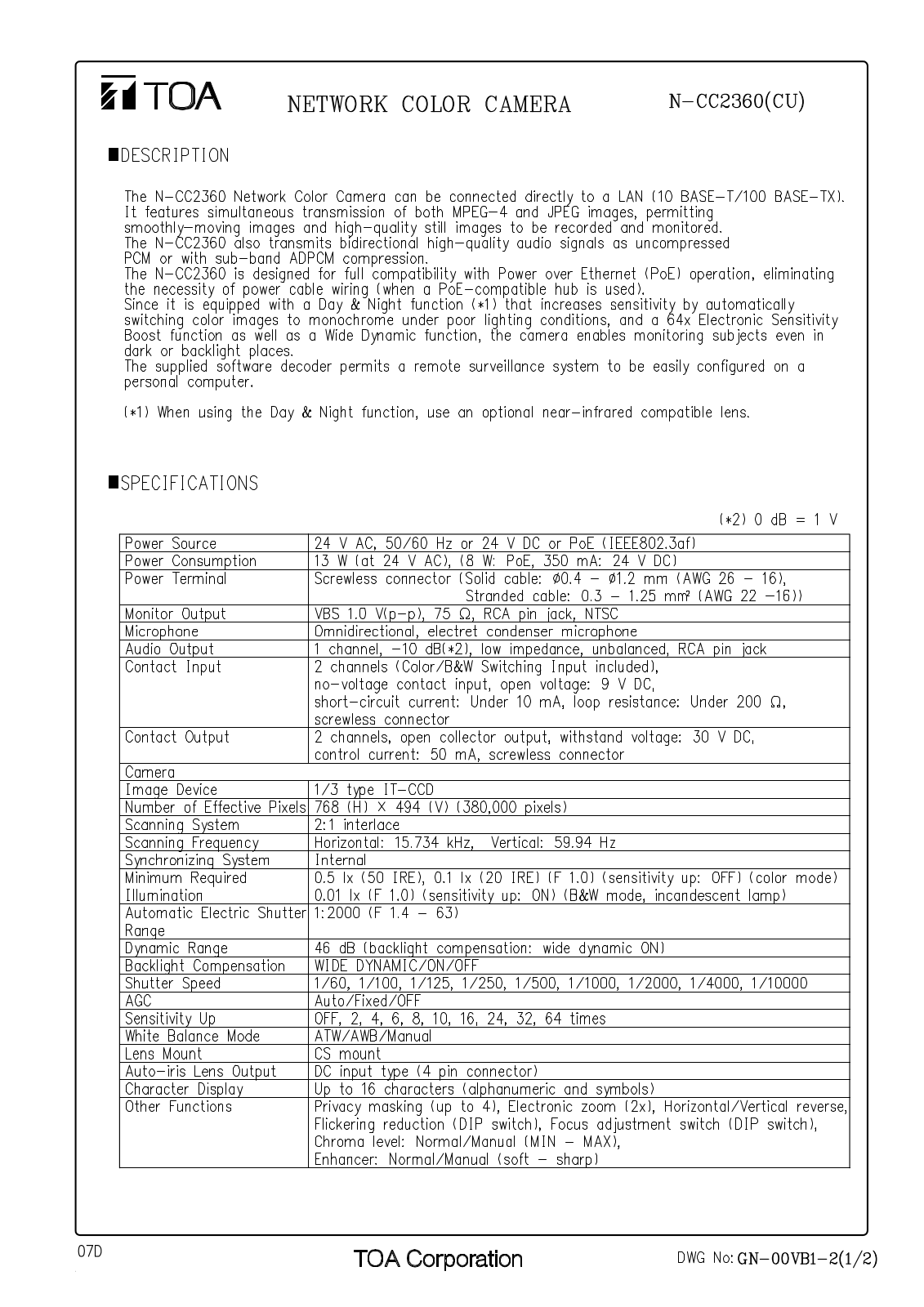 Toa N-CC2360 Specifications