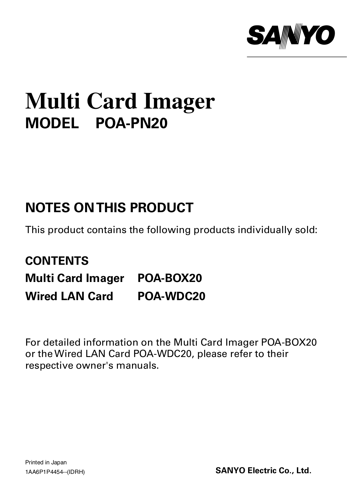 Sanyo POA-PN20 Instruction Manual