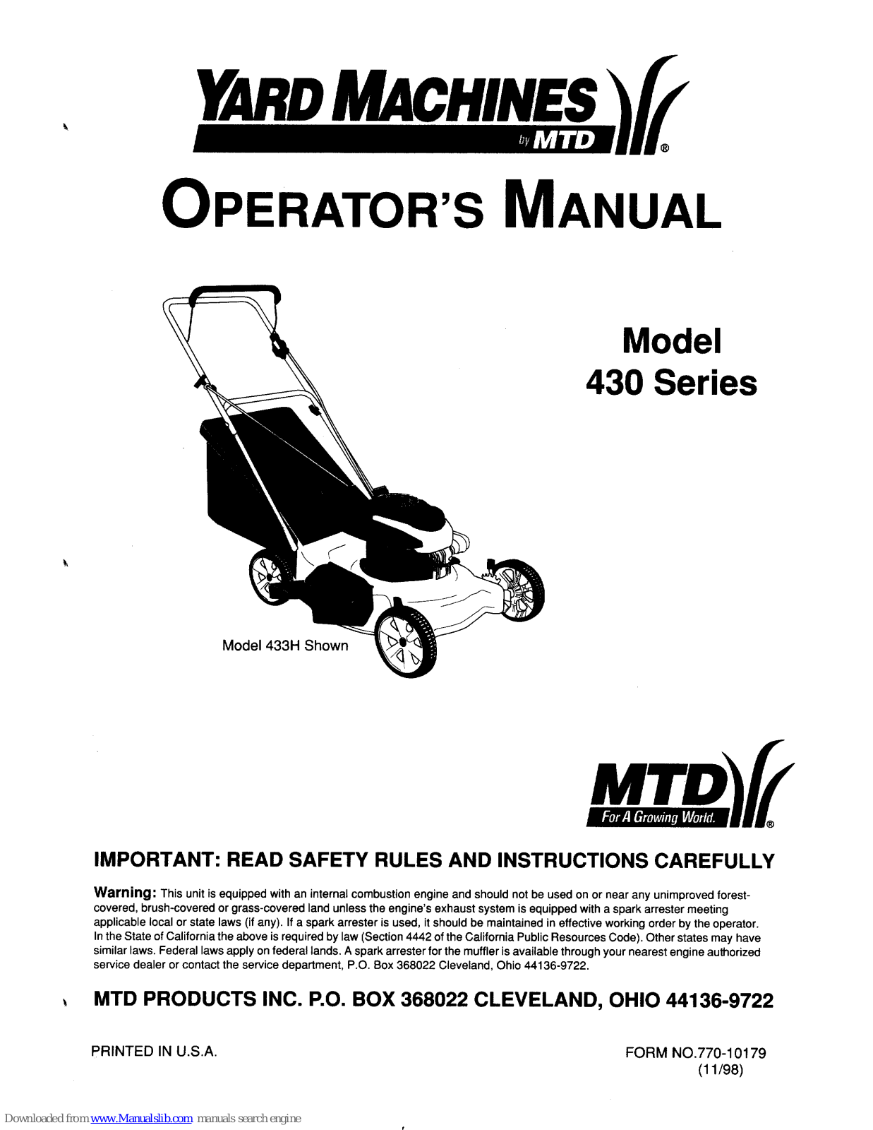 Yard Machines 433H Operator's Manual