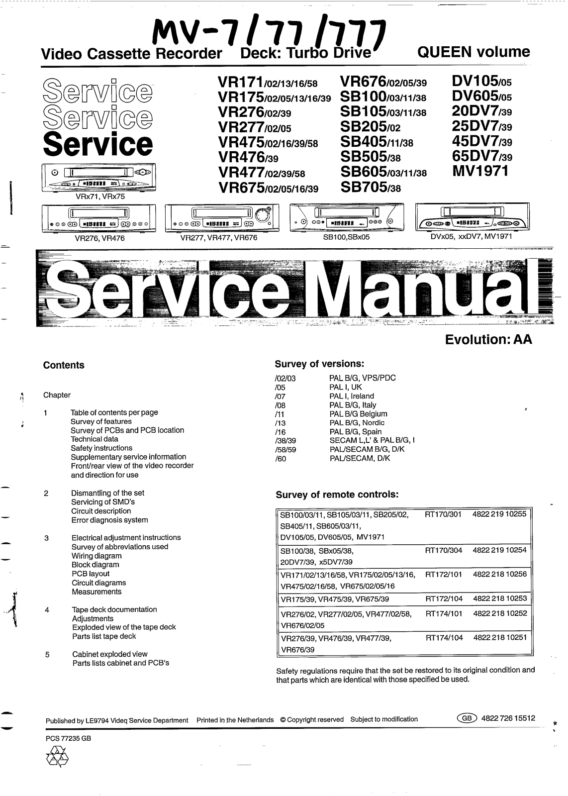 Teac VR-676, VR-675, VR-477, VR-476, VR-175 Service Manual