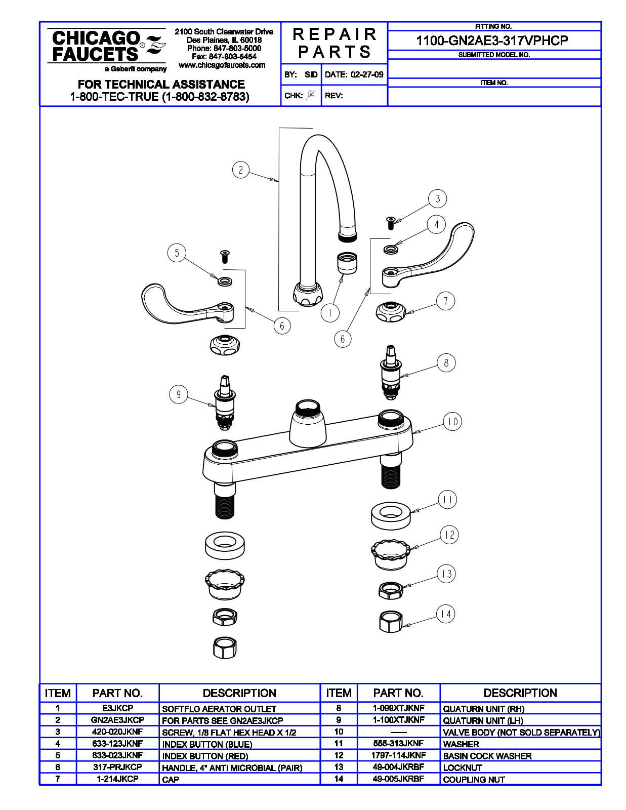 Chicago Faucet 1100-GN2AE3-317VPHCP Parts List