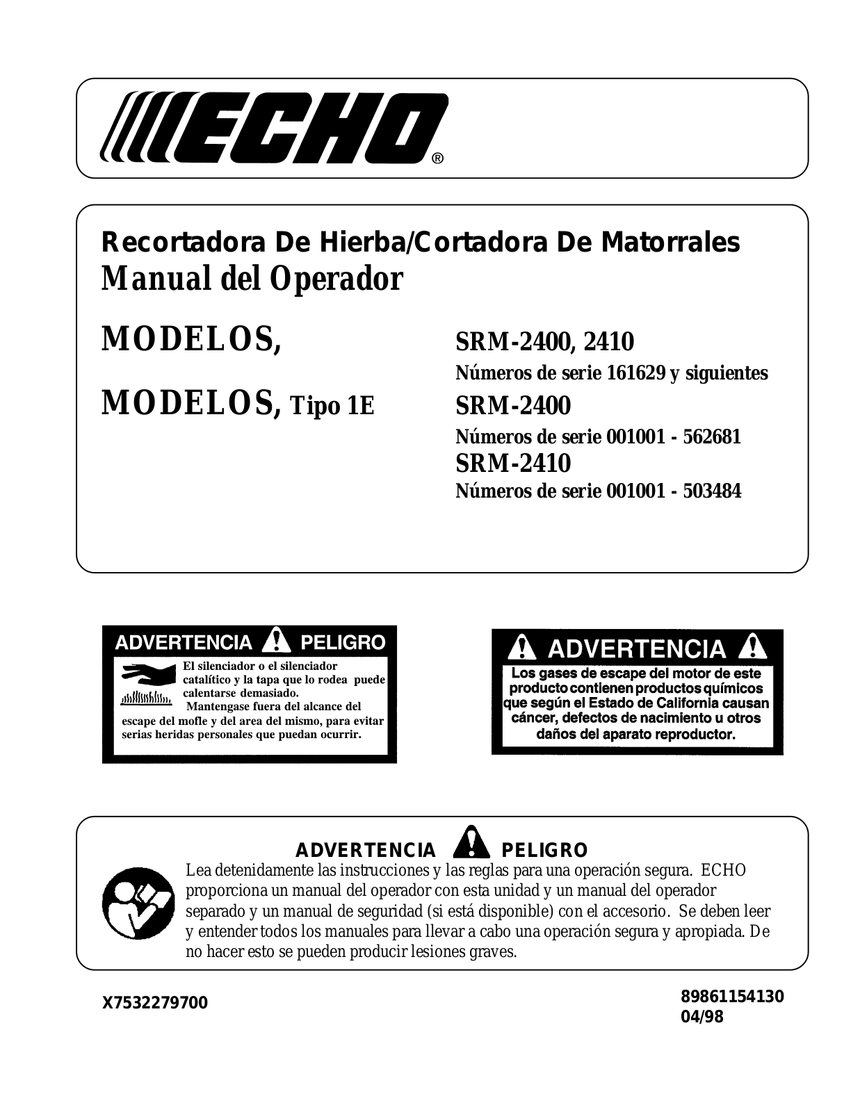 Echo SMR-2410 TYPE 1E, SMR-2410, SRM-2400 TYPE 1E, SRM-2400 Operators Manual