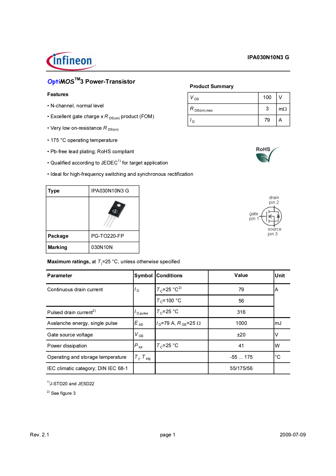 Datasheet ipa030n10n3g_rev2.1 Datasheet - ManualMachine.com