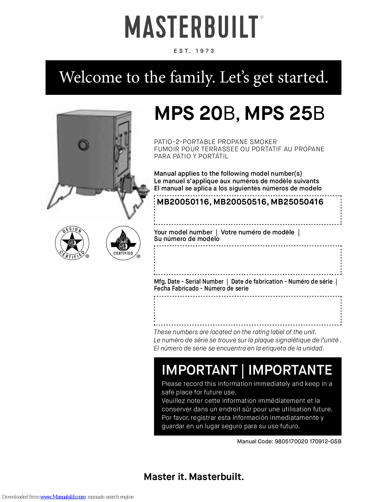 Masterbuilt MPS 20B, MPS 25B, MB20050516, MB20050116, MB25050416 User Manual