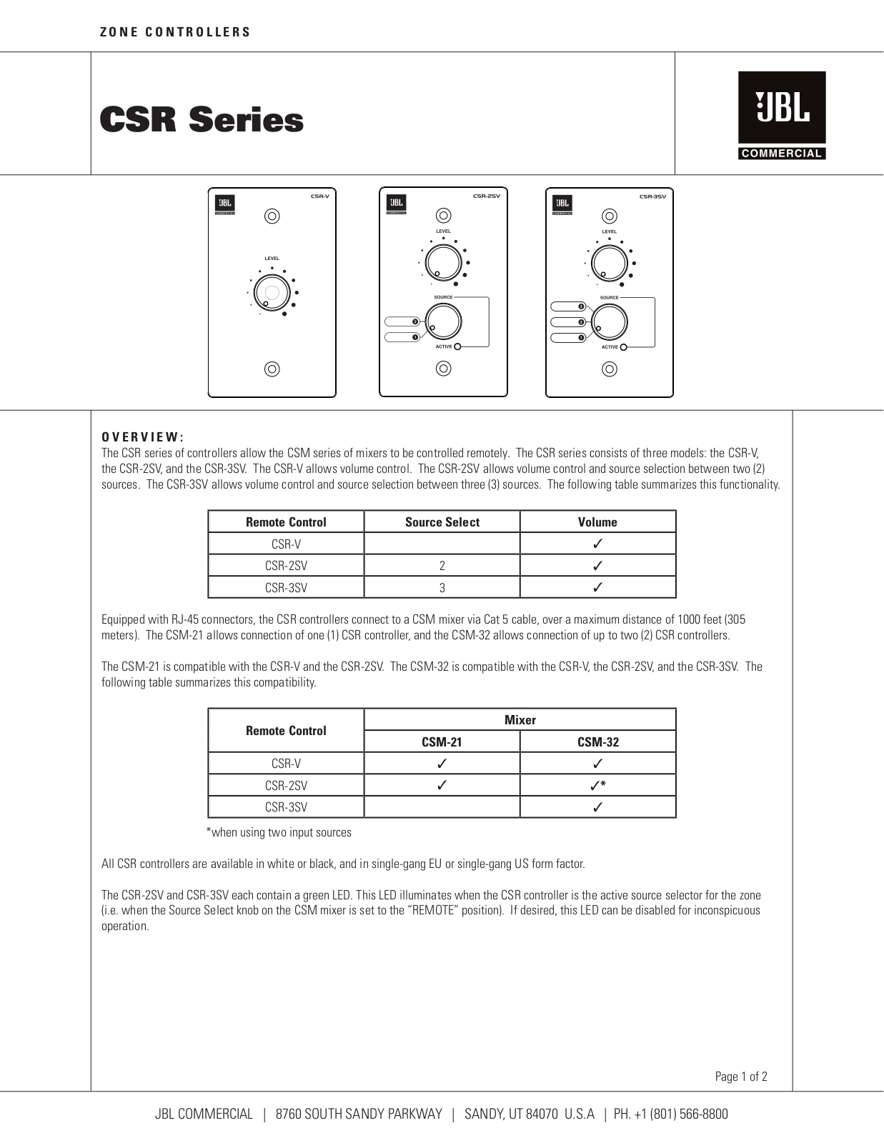 JBL CSR-3SV-WHT Data Sheet