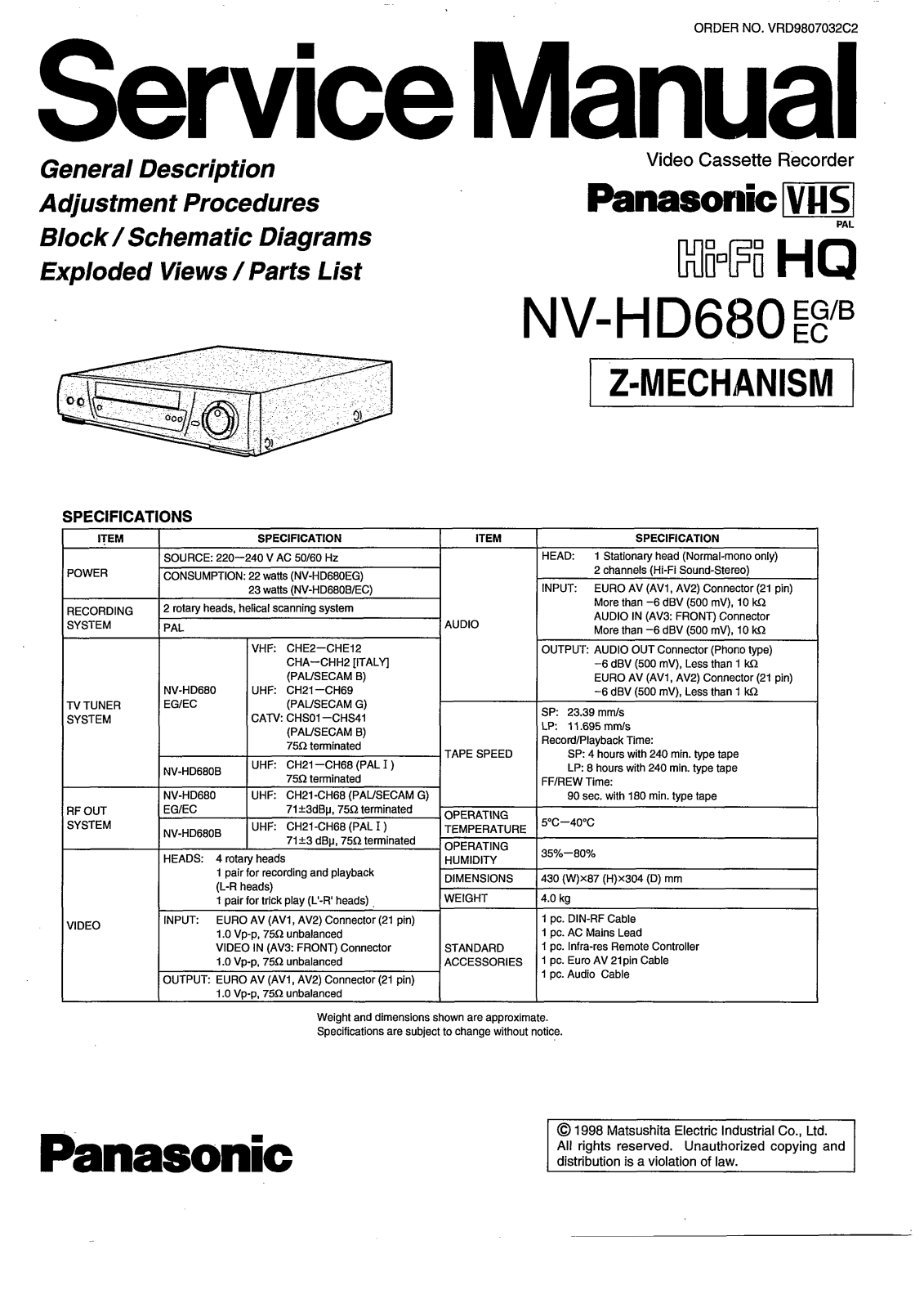 Panasonic NV-HD680 Service Manual
