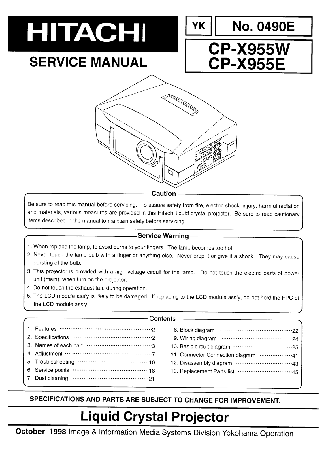 Hitachi CP-X955-W, CP-X955-E Service Manual