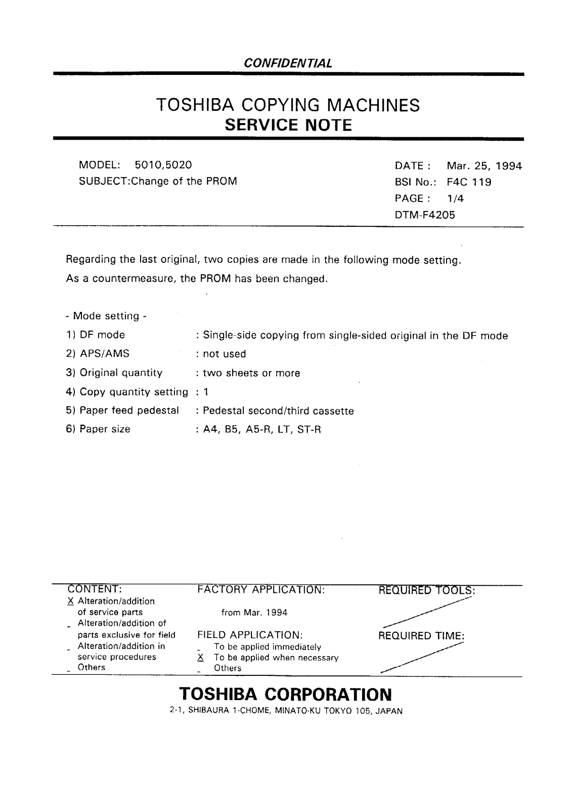 Toshiba f4c119 Service Note