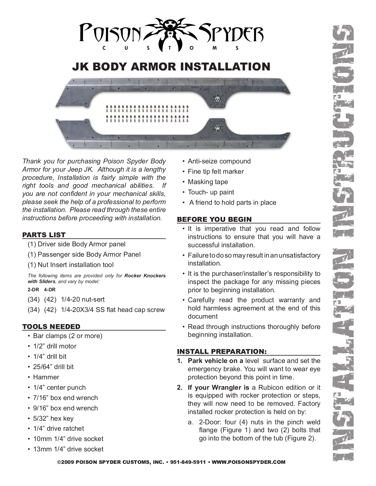 Poison Spyder JK BODY ARMOR User Manual