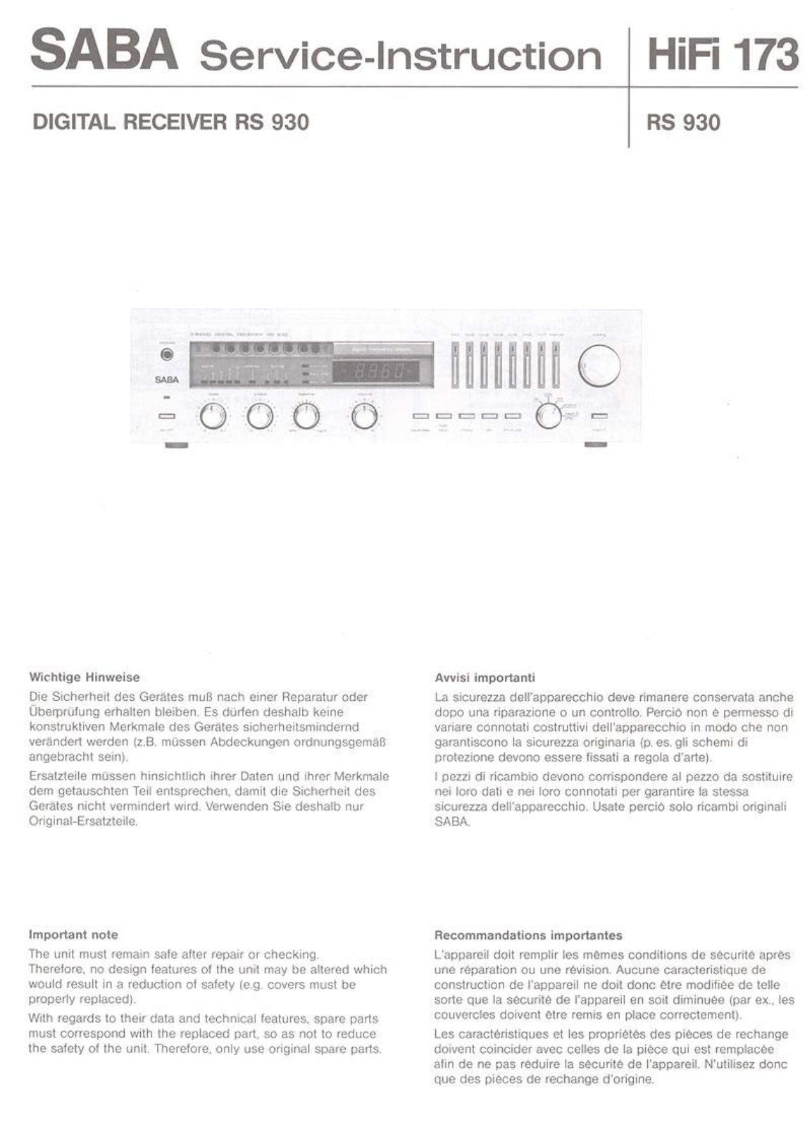 Saba RS-930 Service Manual