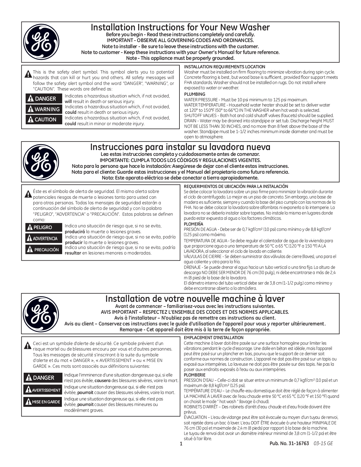 GE GTW810SPJMC, GTW810SSJWS, GTW860SPJMC, GTW860SSJWS Installation Guide