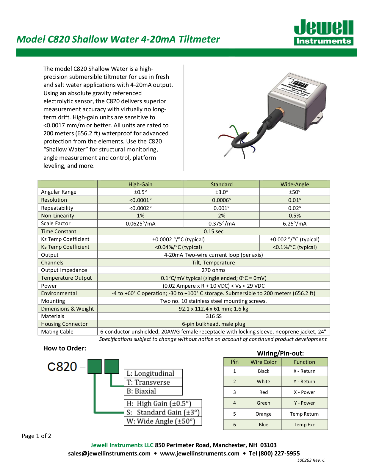 Jewell Instruments C820 Specifications